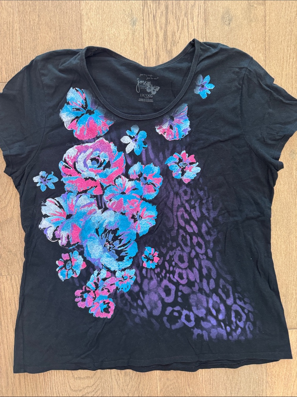 Just My Size NWT‎ Black Tee Vibrant Floral Animal Print Graphic Women’s 1X 16W